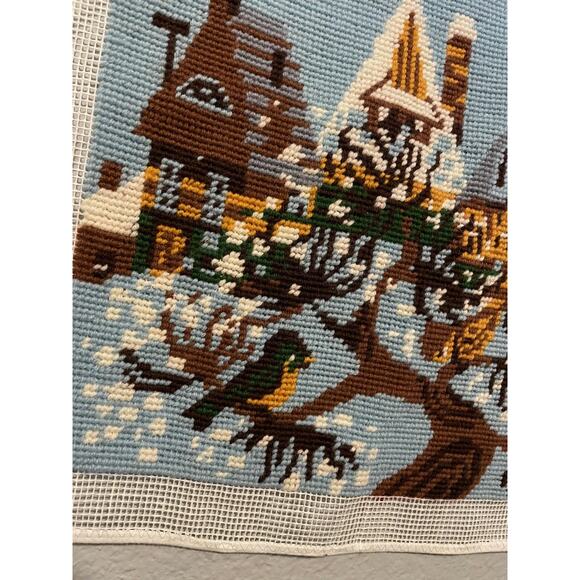 Vintage Needlepoint Winter Village Snow Scene Birds Houses Finished Embroidery - Picture 2 of 7